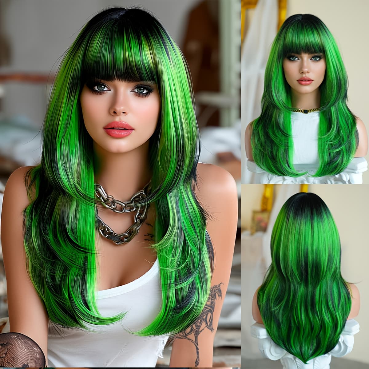TEMU Namm Halloween Costume Wigs Featuring High-density Synthetic Fibers, A Middle Part, And Green A , Designed For Women. Stylish Wigs Come With Neat Bangs, Are Long And Straight, Heat-resistant