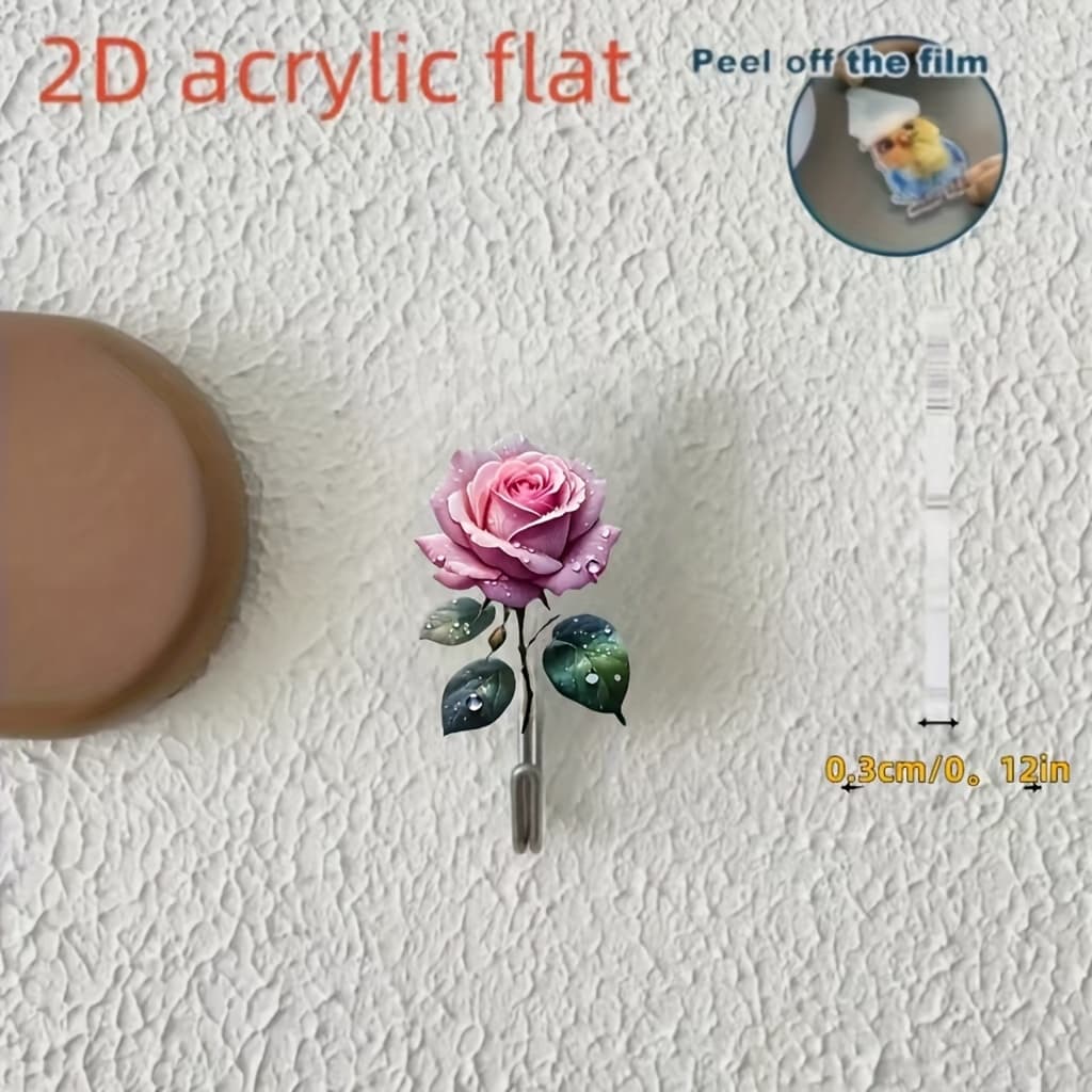 TEMU 2d Flat 2pcs Beautiful Flower Self-adhesive Hanger Decorative Hooks Keychain Irregular Wall Hanging Keychains, Suitable For Bedroom Home Office Decoration Gift, 2d Flat