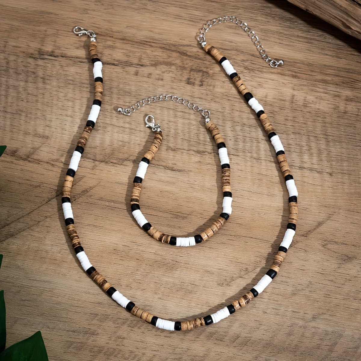 TEMU 1 Set Chic Wooden Bohemian Coconut Shell Bead Jewelry- Handcrafted Surfing Style Mens Jewelry For Necklace And Bracelet- Fashion- Men