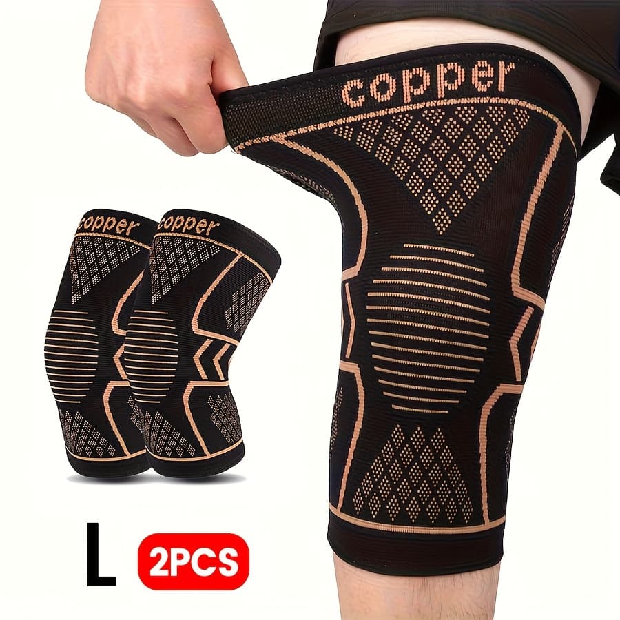 TEMU Set Of 2 Copper Compression Knee Sleeves For Athletic Activities - Elastic, Breathable Fabric, Supportive & Flexible, Ideal For Outdoor, Fitness, Ball Games, & Prevention, Perfect For Gifting