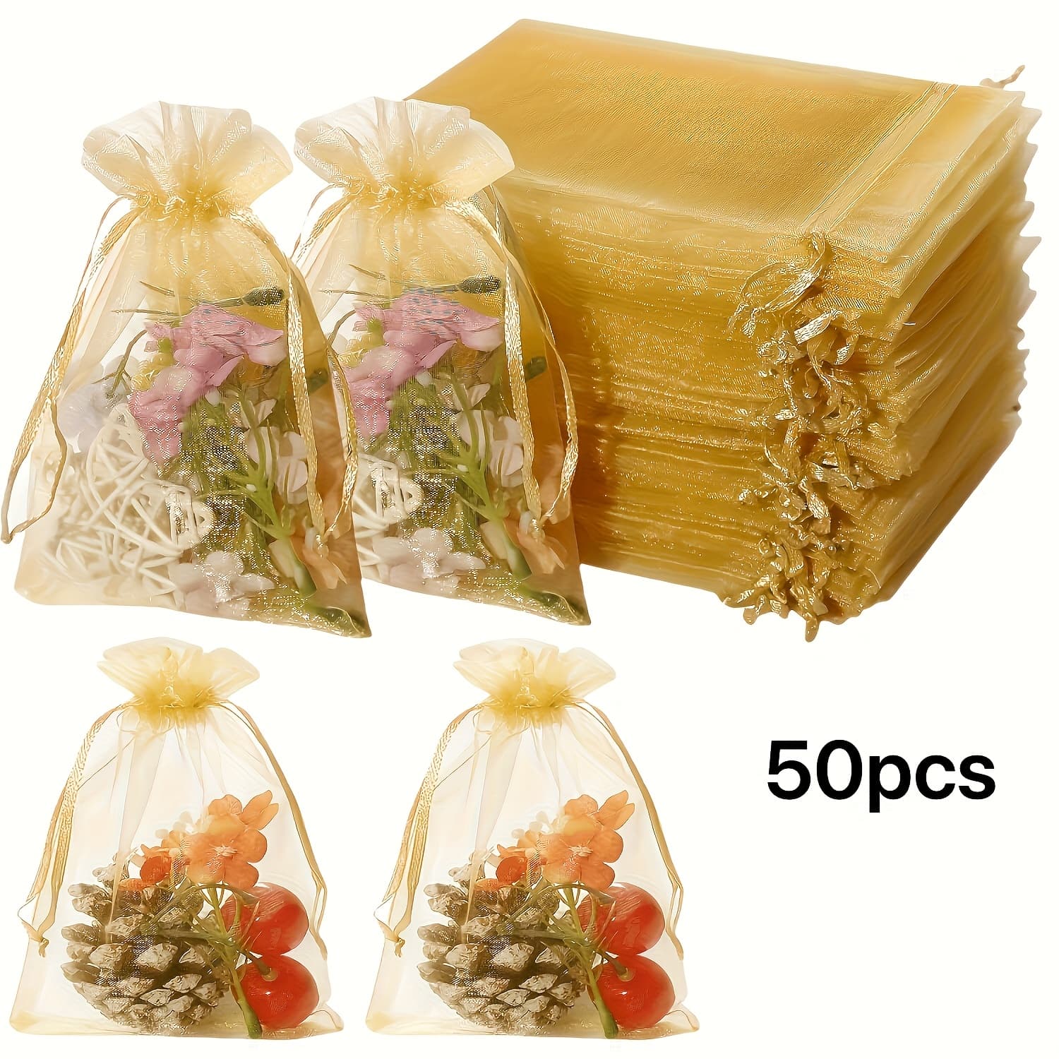 TEMU Gift For Her/him 50pcs Golden Transparent Drawstring Bags, 4x5 Inches, Fiber Jewelry Bags, For Party Favors, Weddings, Christmas, Birthday Holiday Gift Bags, Jewelry Accessory Bags