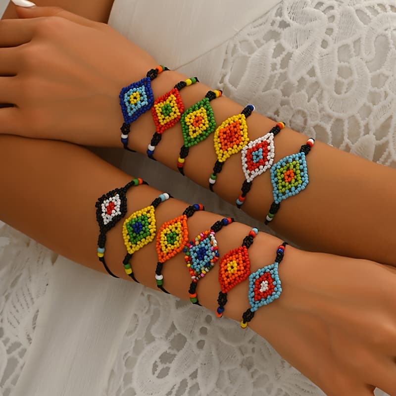 TEMU 6pcs/set Bohemian Woven Rice Bead Rhombus Bracelet Set Women (random Color Handmade, Color, Pattern, Shape Cannot Be )