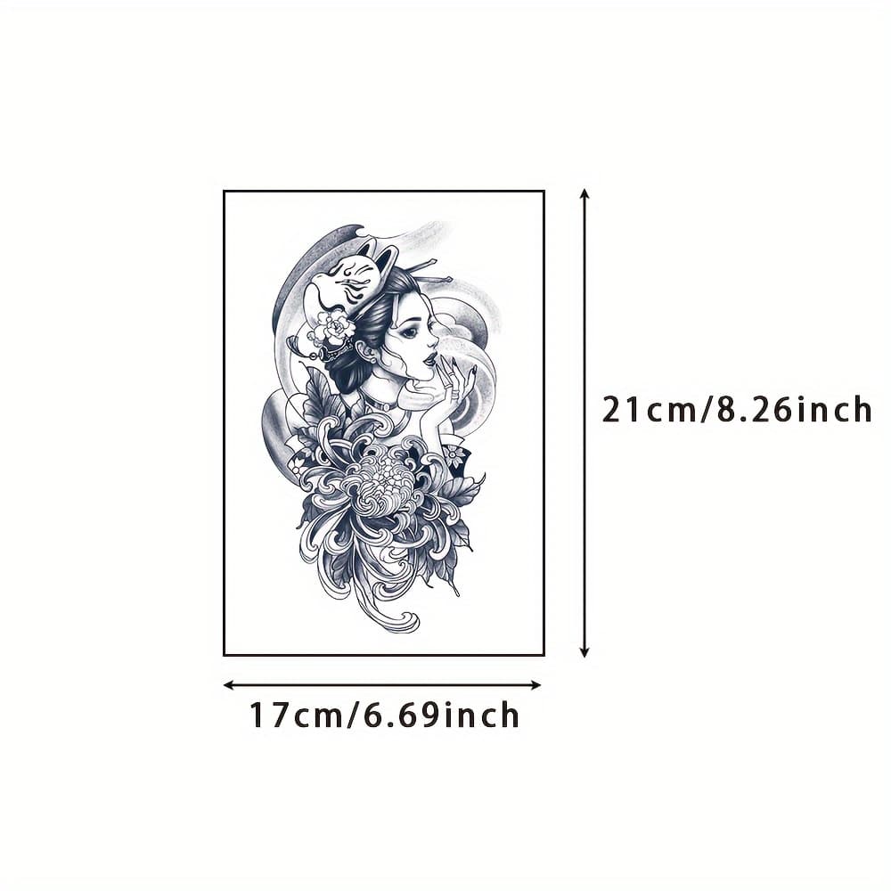 TEMU 6 Large Herbal Tattoo Stickers, Including: Geisha Element Style, Lasting 7-15 Days, And Friction-resistant, Realistic Effect, Suitable For People Who Do Not Want To Tattoo Pain