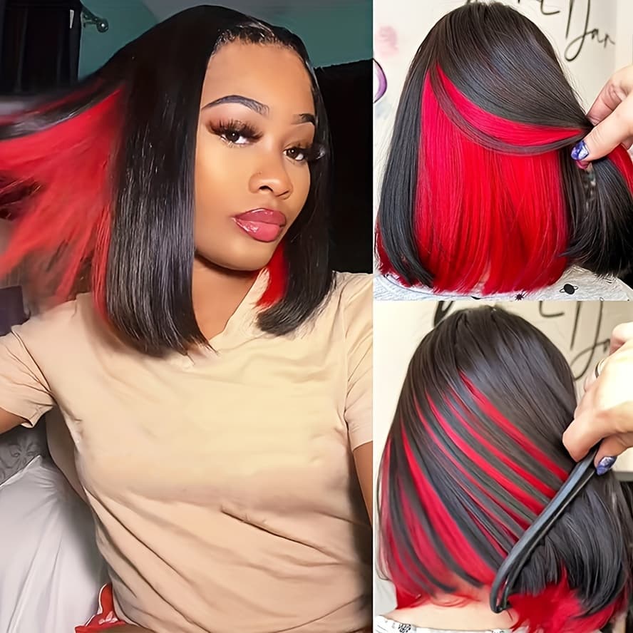 TEMU Bob Wigs For Women Red Peekaboo Wig Synthetic Hair Straight Bob Wig Shoulder Length Black With Red Highlights Wig Blunt Cut B