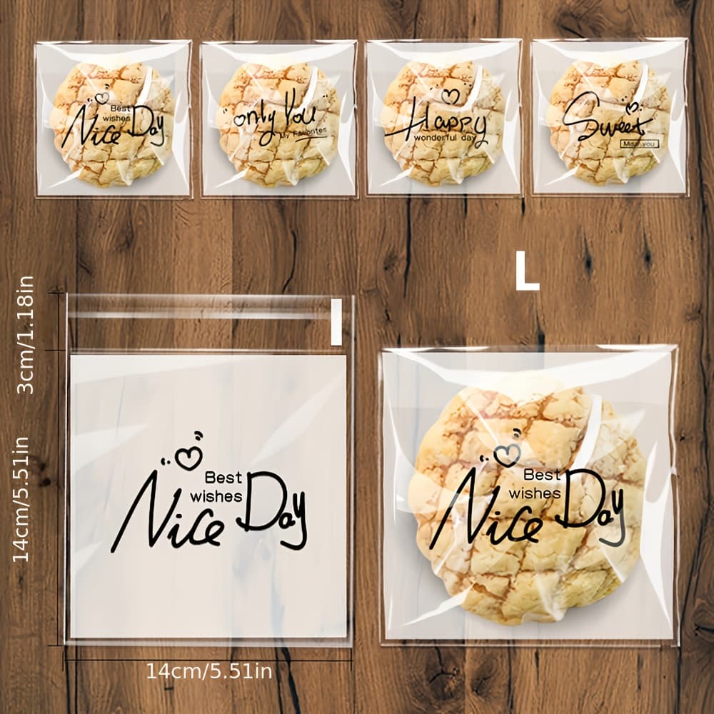 TEMU 100 Assorted Simple And Stylish English Self-adhesive Bags For Baking , Snowflake , Transparent Snack And Candy Bags