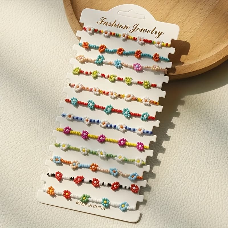 TEMU 12pcs Set Of Colorful Seed Bead Bracelet Set, Festive Party Fashion Cute Vintage Adjustable Size For Women's Casual Wear, Seed Bead Flowers In Random Colors