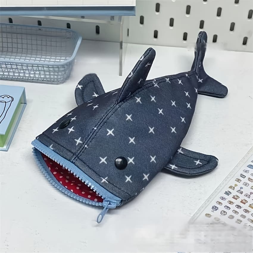TEMU Shark Canvas Pencil Case, Cute Zipper Bag With Star Pattern, Denim-look Stationery Holder For Teens And Office Use