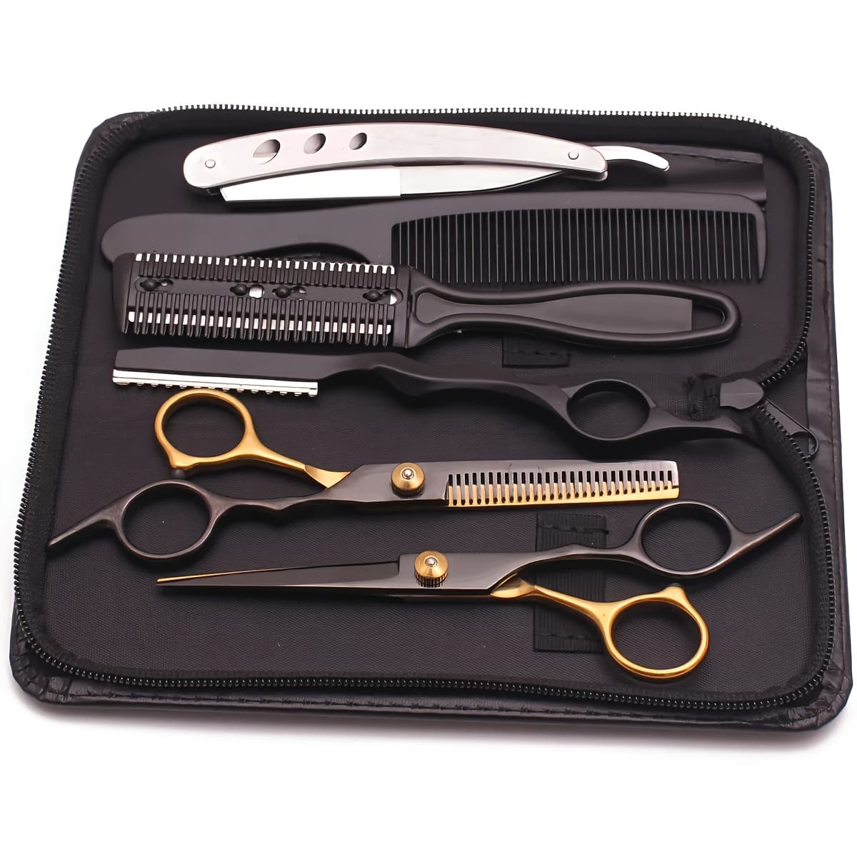 TEMU Professional Hair Cutting Kit - Black & Golden Stainless Steel, 6.5" Scissors For All Hair Types, Includes Texturizing Shears, Comb, Cleaning Brush - Ideal For Salons & Home Use