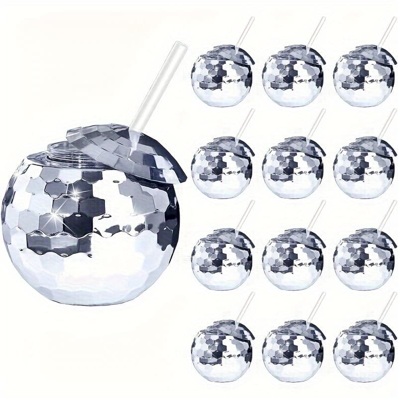 TEMU 12pcs Disco Ball Cups, 20oz Disco Party Cups With Lid And Reusable Straw Cocktail Cup For Party Nightclub Wine Drinking Syrup Tea Bottle (silvery)