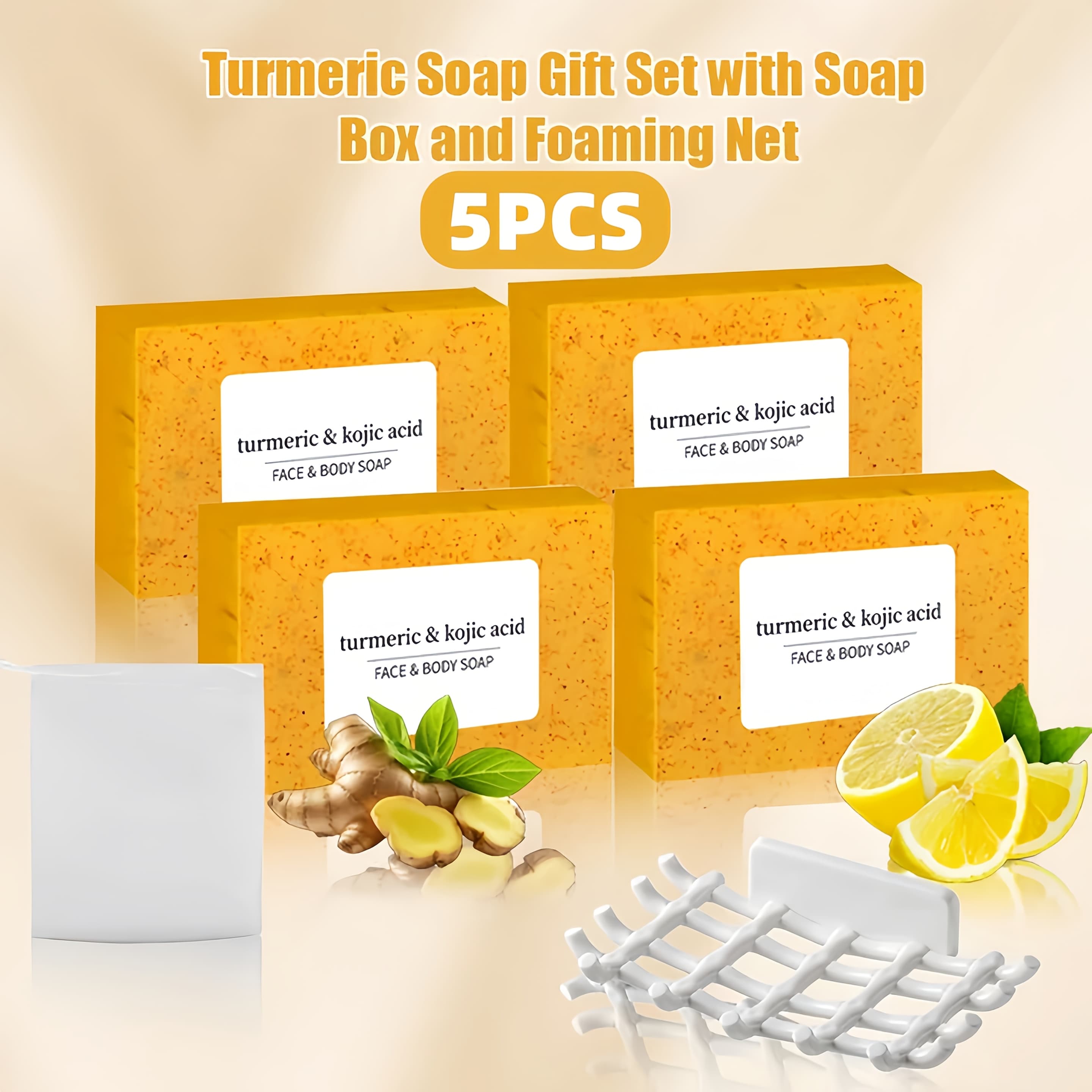 TEMU 5pcs Lemon Ginger Turmeric Soap + Soap Dish Holiday Gift Set Convenient For Home Use Or Hanging, Cleanses Face And Body While Moisturizing. Suitable For Types. The Perfect Christmas Gift.