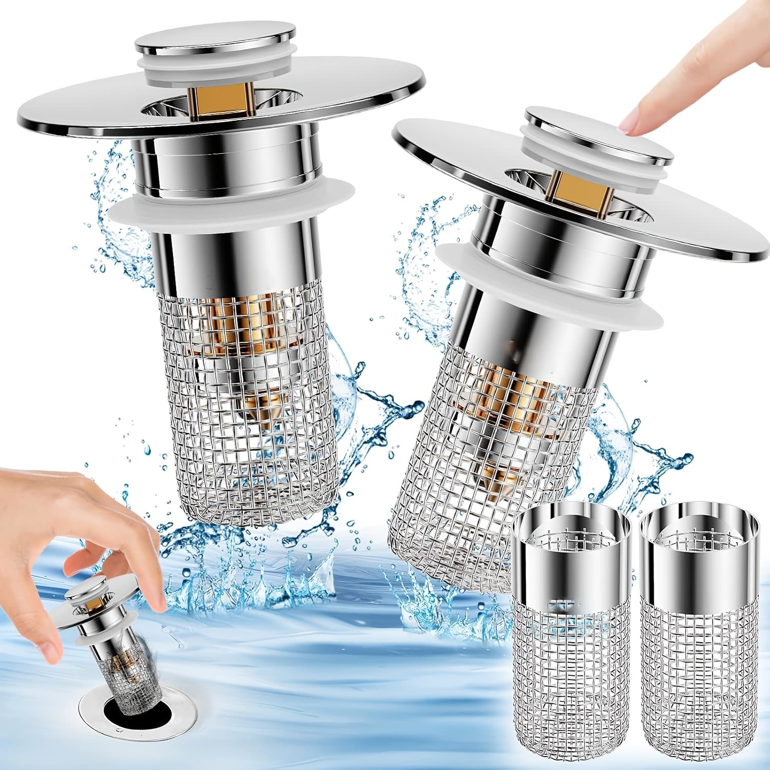 TEMU 2 Sink Plugs For Bathrooms, A Pop-up Drain Filter, A Sink Drain Filter Plug, And A Filter Plug With A Spring Core For Push Conversion. Size: 1.1 To 1.45 Inches, In Silver Color