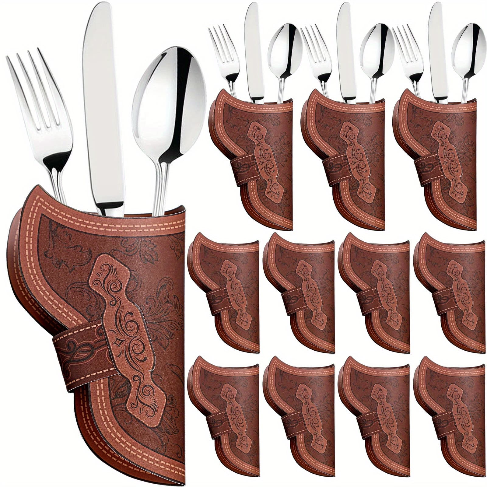 TEMU Vintage Utensil Holders Designed As Cowboy Holsters For Cutlery, Perfect For Western-themed Parties. This Set Includes 24 Cardstock Sleeves For Knives And Forks