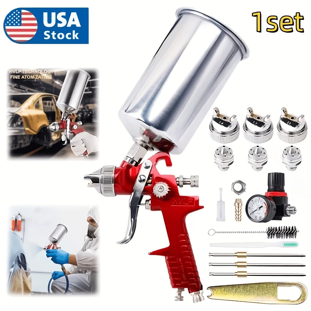 TEMU Hvlp Spray Gun Kit H827 Air Spray Gun, With 1.4/1.7/2.0mm Nozzle, 1000ml Aluminum Pot, Black Pressure Gauge, Suitable For Spraying Scenes Such As Cars, Furniture, Walls, Hardware, Etc