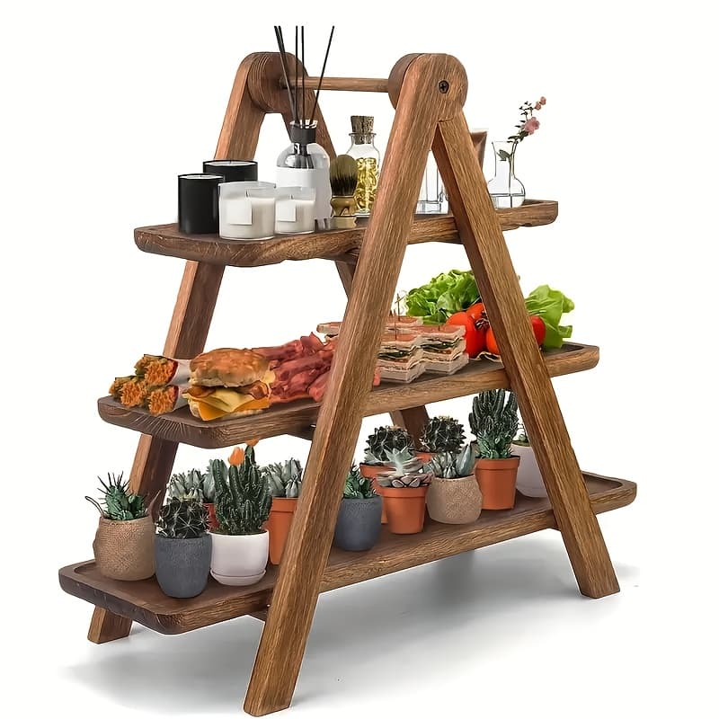 TEMU 3-tier Rustic Wooden Serving Stand, Cake Stand, Bread Basket, Perfect For Parties, Weddings, Home Decor | Quality Wood , Decorative Rectangular Platter For Fruits, Cheeses, Pastries,