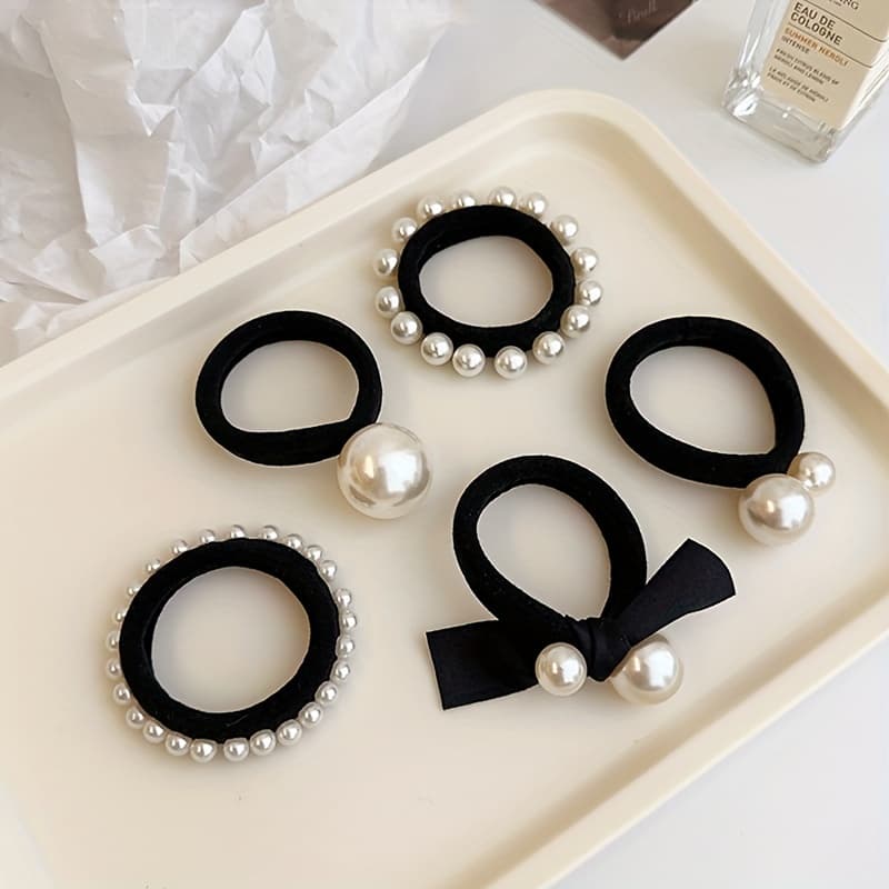 TEMU Set Of 5 Stylish Hair Ties For Women - Made With High And Thick Seamless Fabric, Featuring A Trendy Bow And Pearl Details - Versatile Solid Color Additions Suitable For Teens And Adults