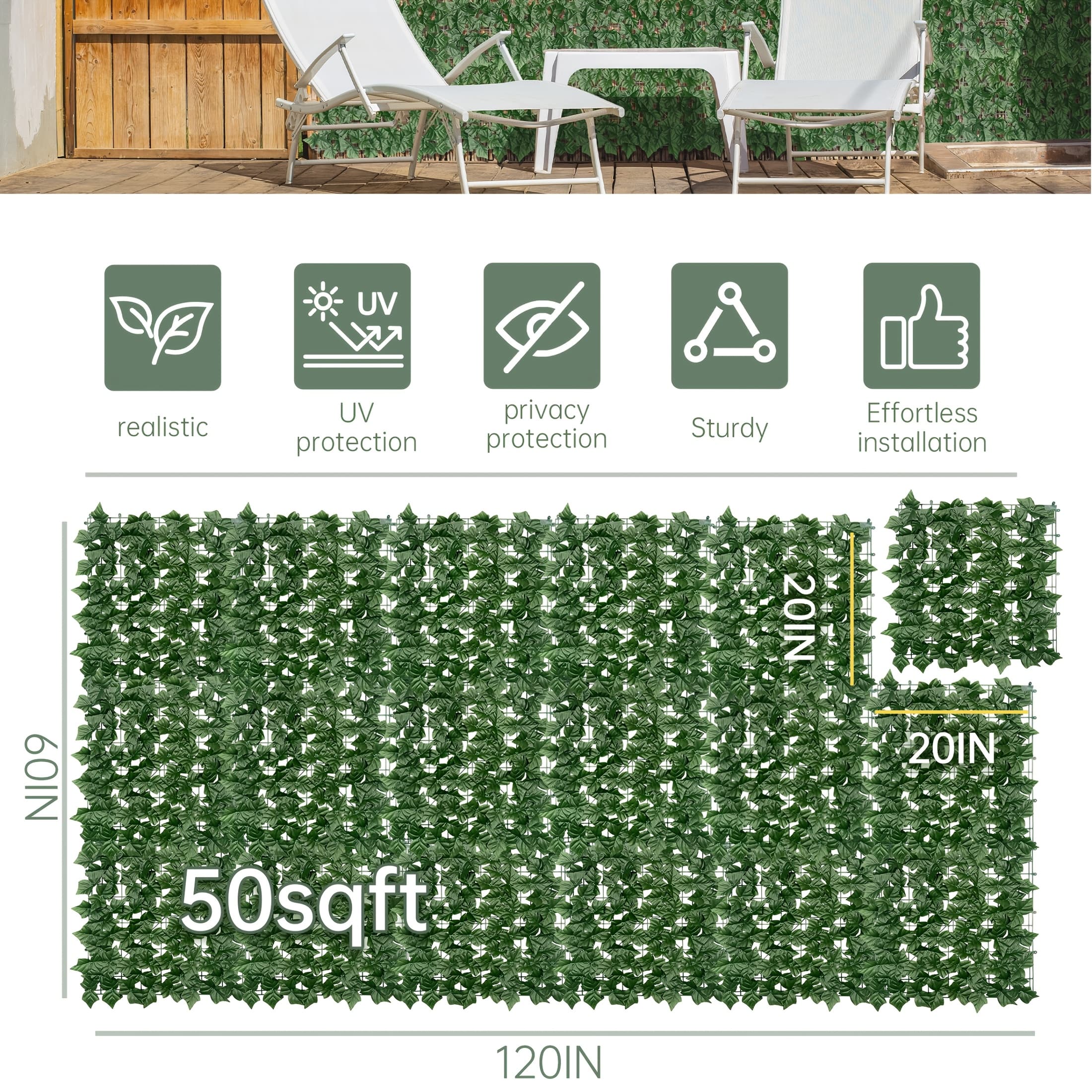 TEMU 60x120in Artificial Ivy Privacy Fence Screen: Realistic Uv-anti Ivy Hedge Panel, Indoor And Outdoor Decor For Patio, Garden, Balcony, And Fence Cover