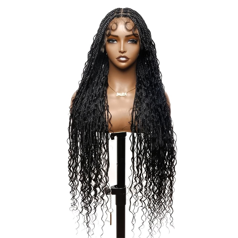 TEMU Boho Knotless Box Braided Wig For Women, 40 Inch Black Synthetic Hair With Curly Ends, Full Lace Front Bohemian Braid Wig, Long Synthetic Hair