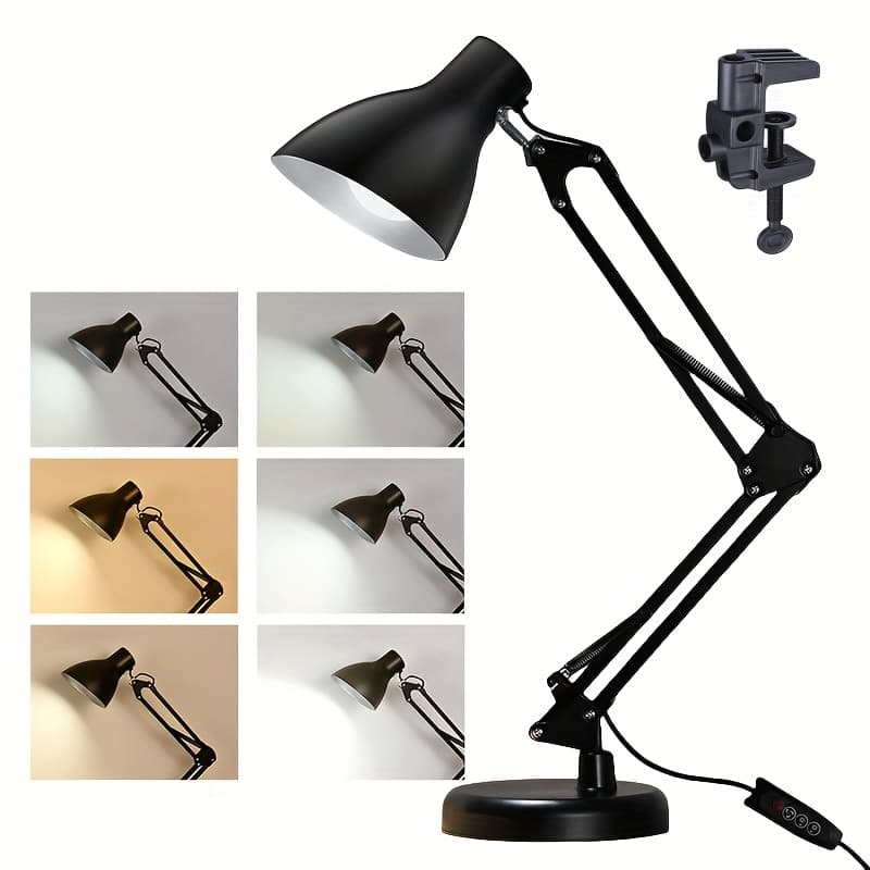 TEMU 3 Color And Brightness Options Architecture Adjustable Gooseneck Desk Lamp, Metal Desk Lamp With Clip, Swing Arm, Eye Protection, Used In Offices, Bedroom Headboards, Study Rooms