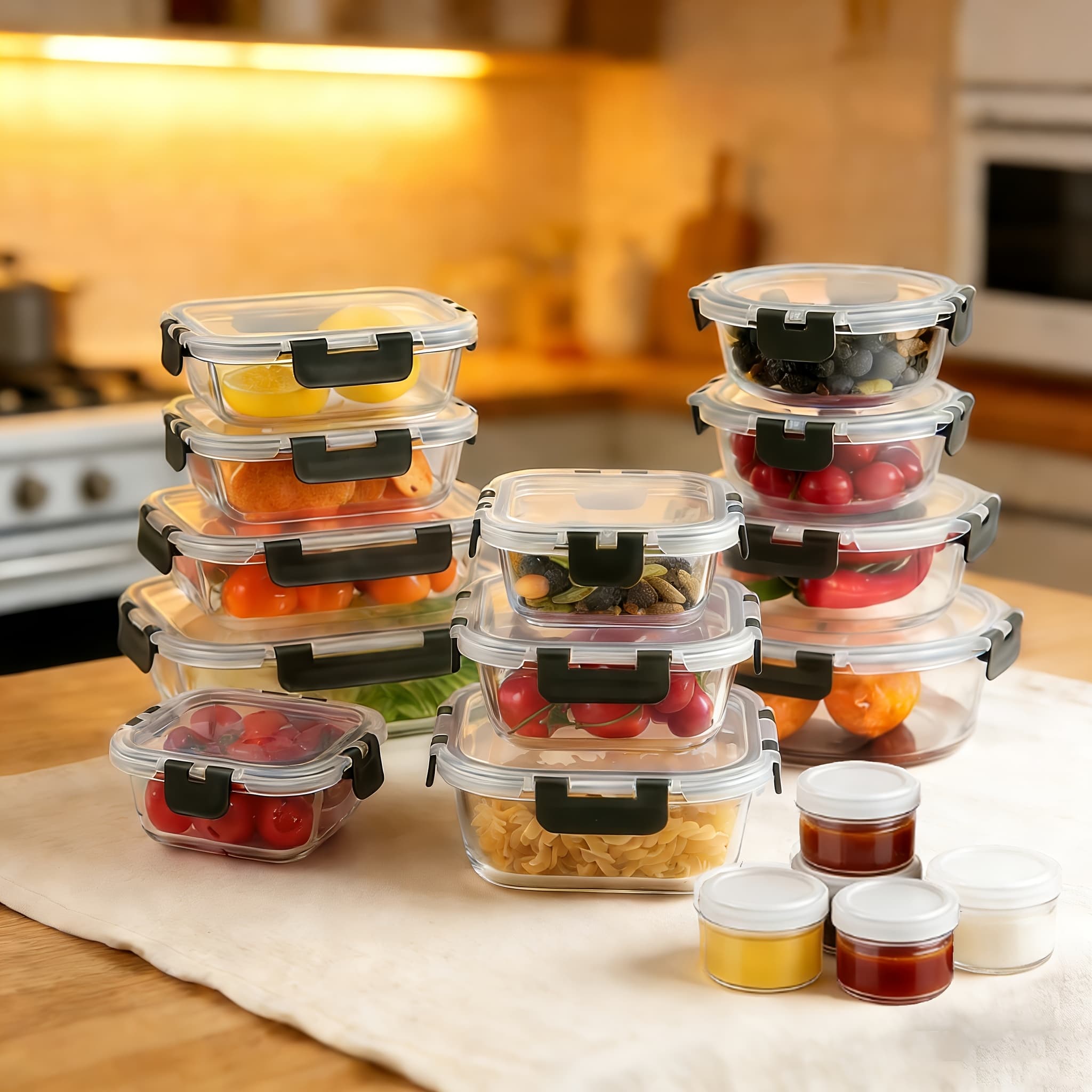 TEMU 24pcs Glass Storage Containers With Lids | Leak Proof Airtight Bento Boxes (12 Containers 12 Lids) For Microwave, Oven, Freezer, And Dishwasher | Clip-on Closure, Microwave Safe, Gift For