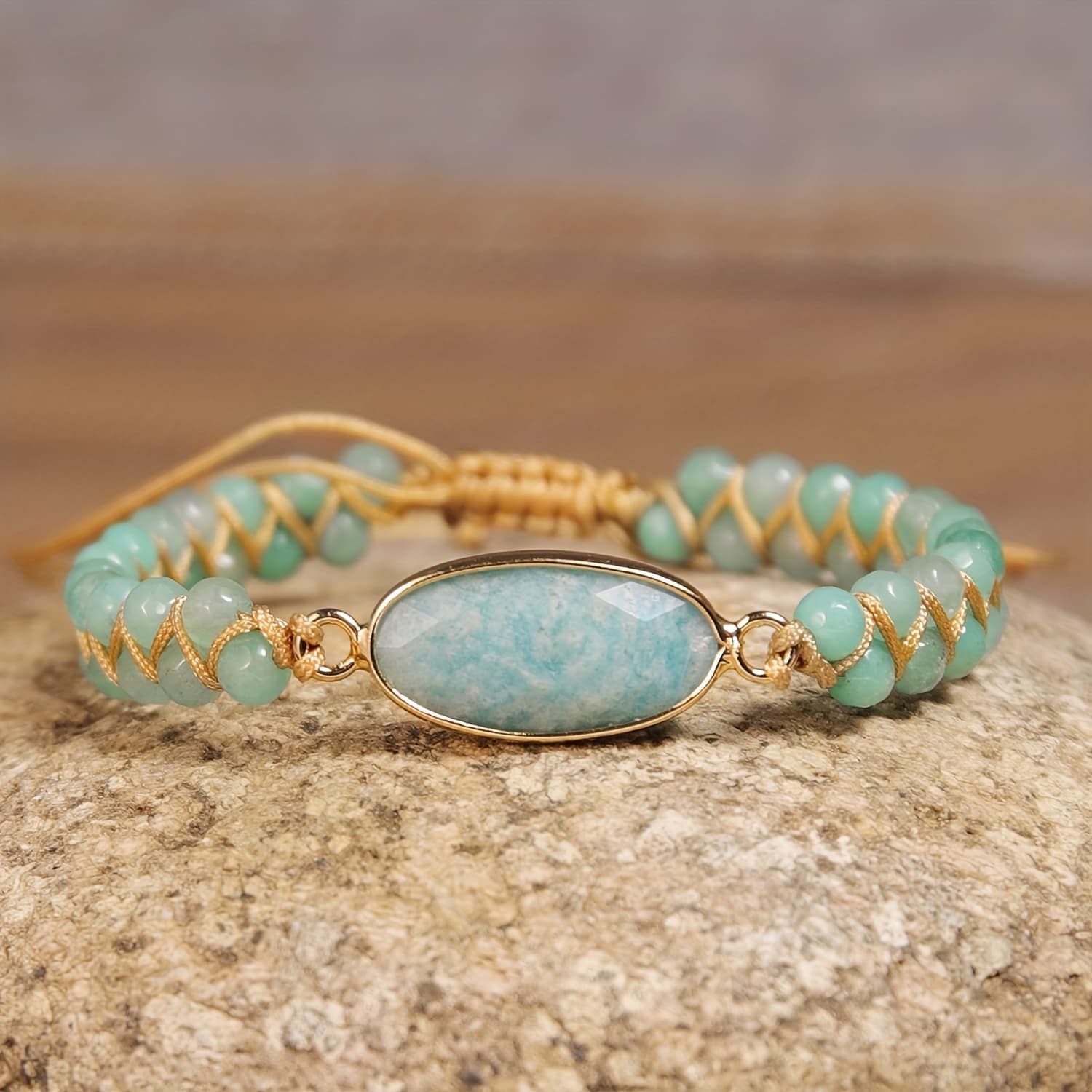 TEMU 1pc Amazonite Double-layer Braided Bracelet - Unisex, Elegant & Refreshing For Autumn, Age-defying Accessory |braided Bracelet |autumn & Winter Light-tone Collection