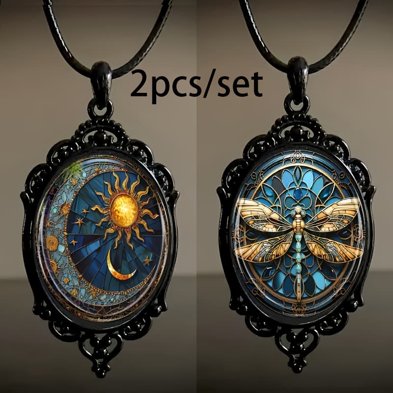 TEMU 2pcs/set Stylish And Elegant Sun And Moon And Dragonfly Pattern Black Frame Glass Necklace Romantic Gift Jewelry, Suitable For Christmas Gift, Birthday Gift.