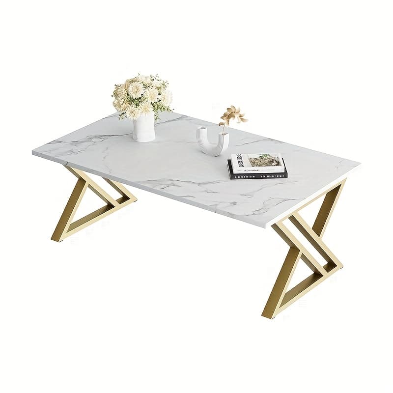 TEMU Coffee Table Living Room Table Center Table, Easy Modern Marble Rectangular Tea Table With Sturdy Metal Frame, Industrial Wood Coffee Table For Bedroom Home Office
