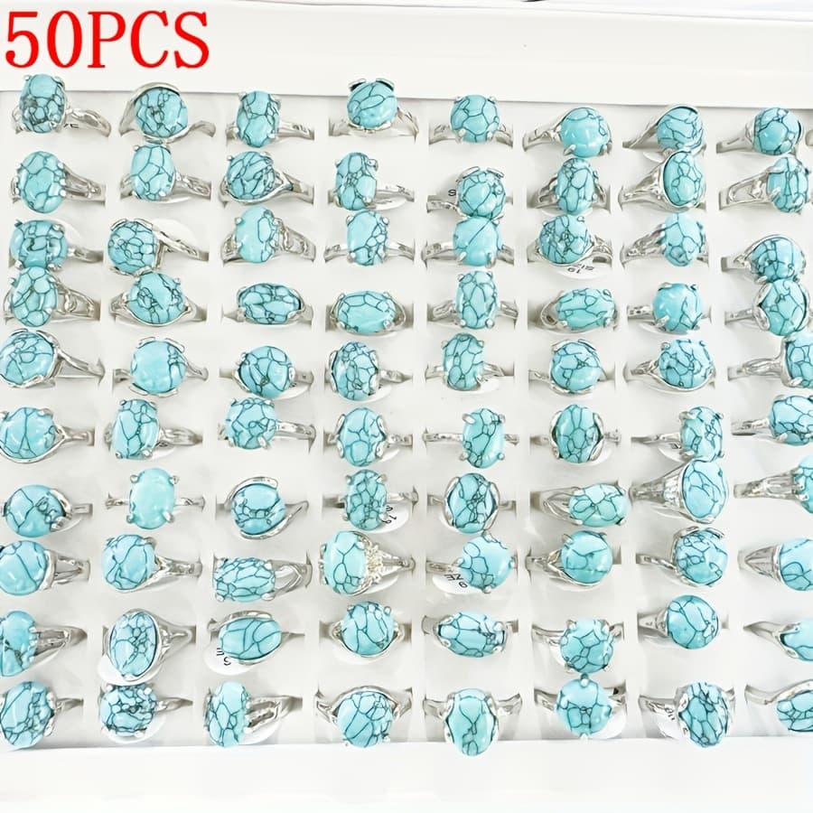 TEMU 50/100pcs Fashion Bohemian Stone Rings Vintage Turquoise Finger Ring For Women Men, Pattern Random Boho Mixed Style Jewelry Party Birthday Gift