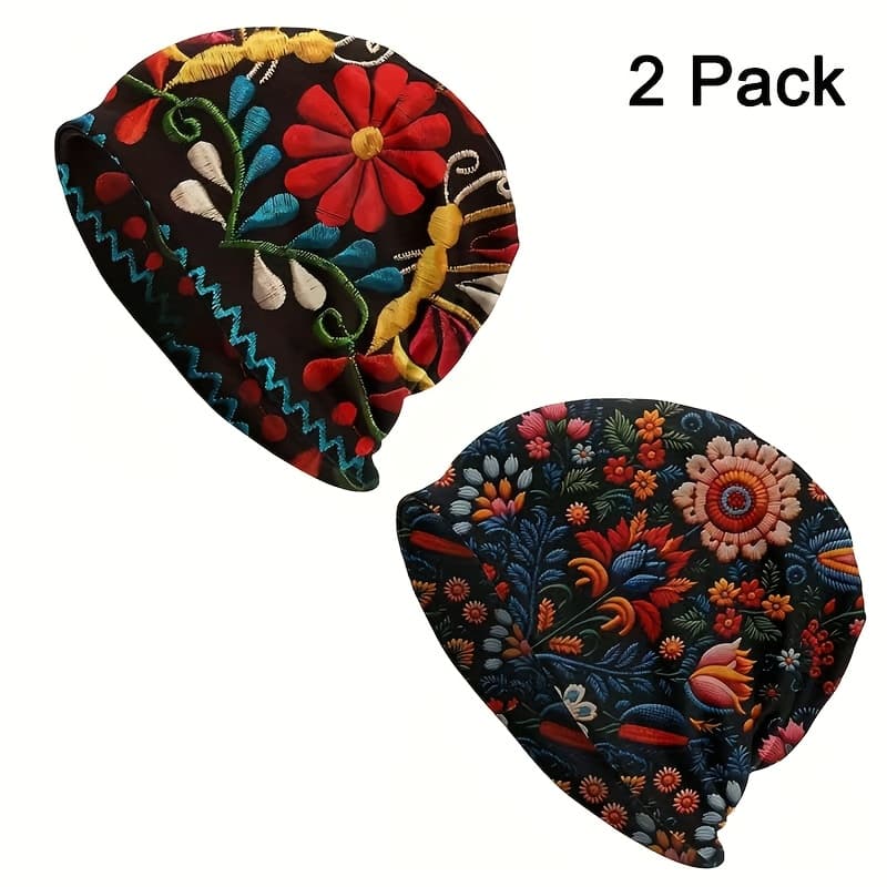 TEMU 2pcs Retro Mexican Style Beanies , Fashion Bonnet Hat For Men And Women, Exquisite Colorful Flower Warm Winter Headwear, Perfect Beach Party Supply