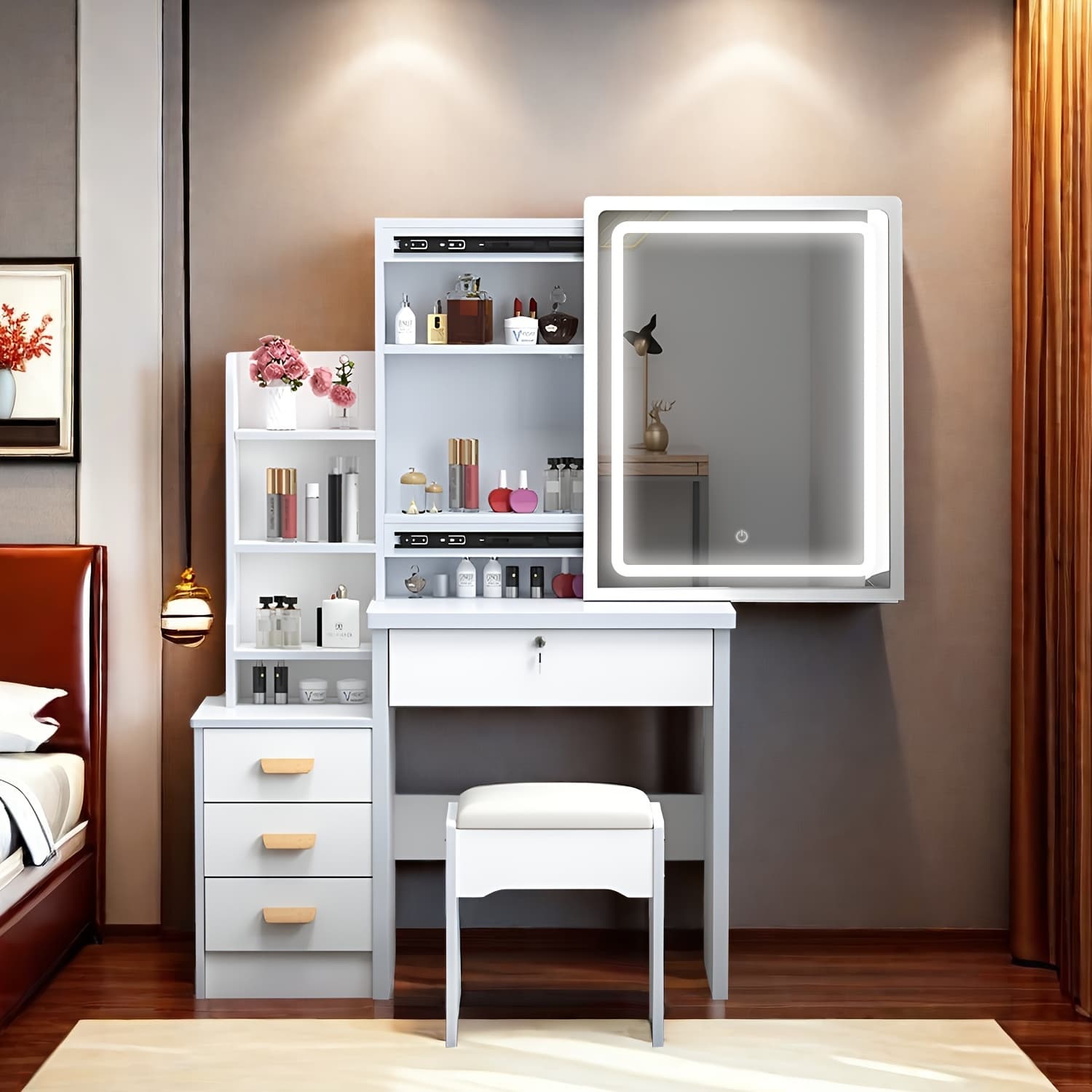 TEMU White Dressing Table With Sliding Mirror And Stool 4 Drawers Home High-end Bedroom Dressing Cabinet Integrated Small Apartment