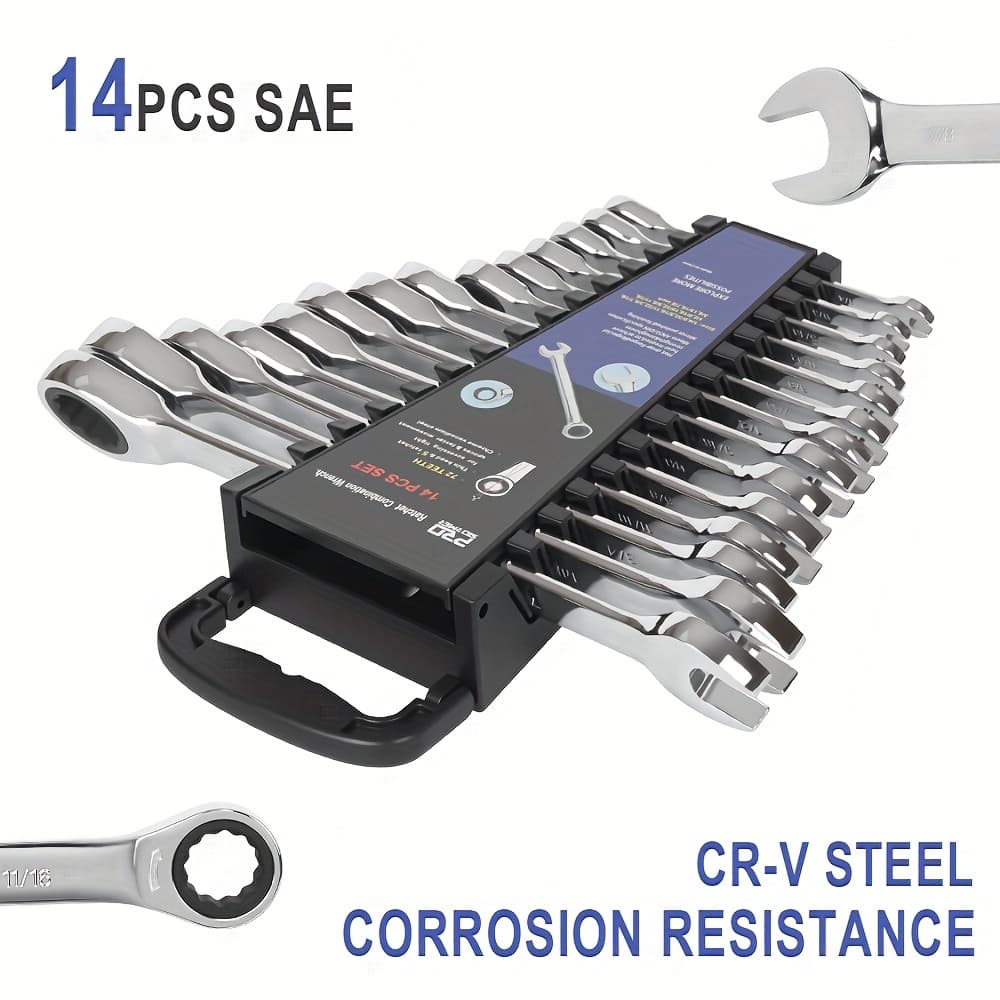TEMU 14pcs Ratcheting Wrench Set, Sae 1/4"-7/8", Chrome Vanadium Steel Combination Wrench Set With Storage Case Automotive Repair Tool, Prostormer