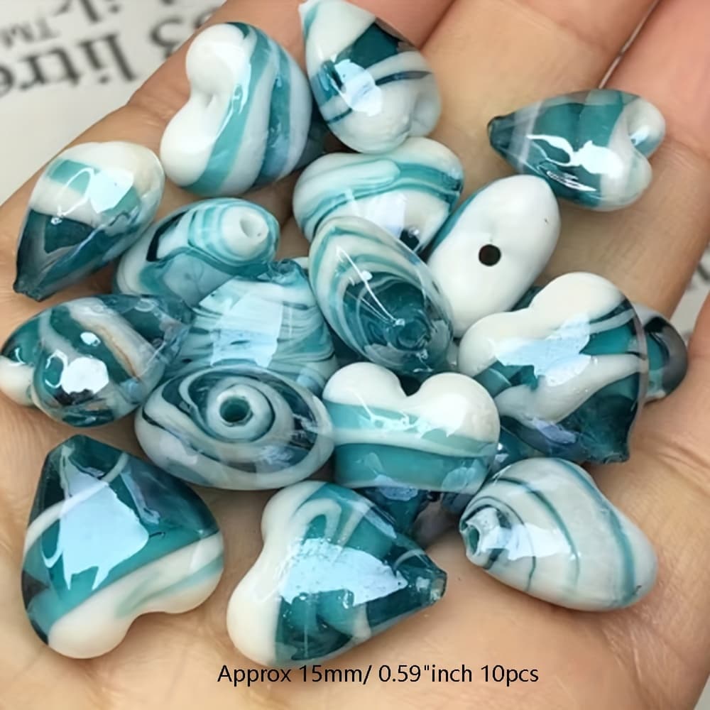 TEMU 10pcs Of 15mm Striped Heart Czech Glass Loose Spacer Beads, Suitable For Handmade Bracelets, Earrings, Necklaces, And Phone Chain Additions