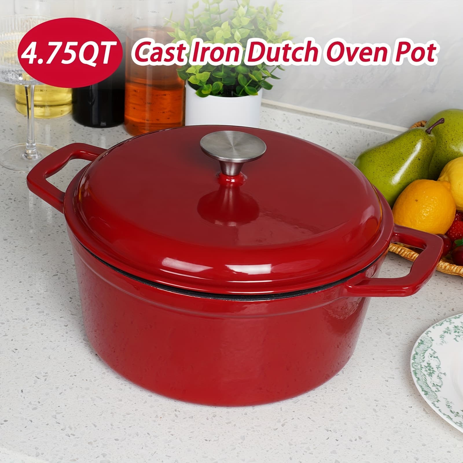 TEMU 4.75 Quart Dutch Oven Enameled Cast Iron With Lid, Heavy Duty For Bread Baking, , Braising, Soups, Roasting - Enamel Coated Cookware