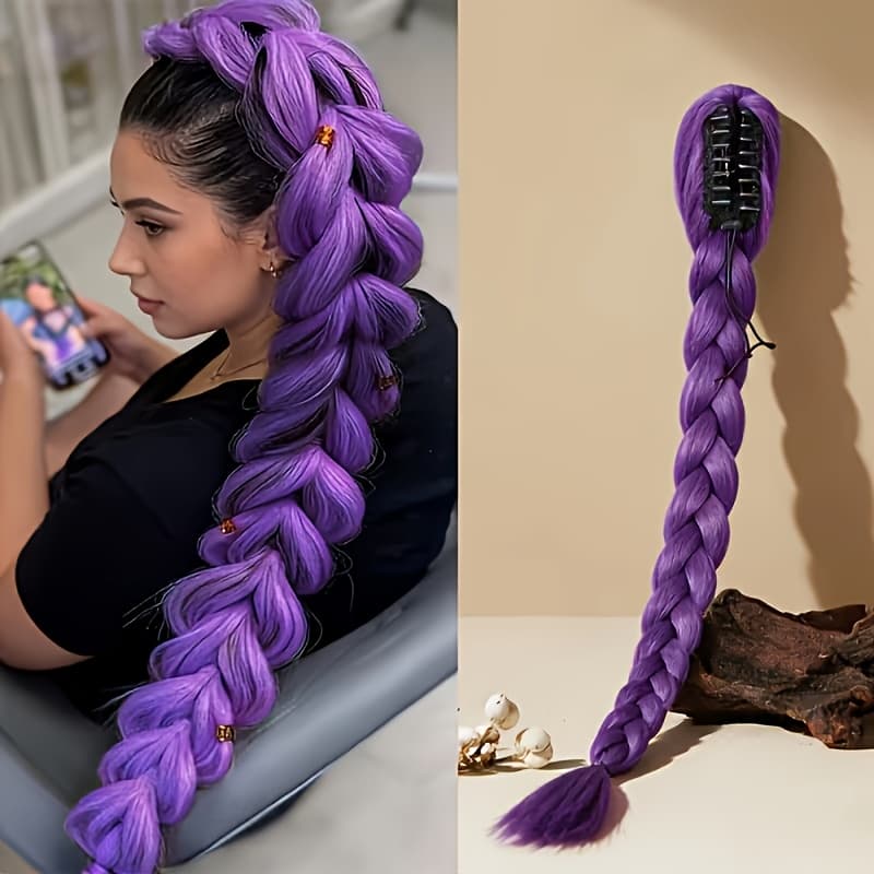 TEMU Purple Y2k Ponytail Hair Extensions Suitable For Role-play, Themed Parties & Daily Wear - Clip- Braids With Straight Synthetic Hair For Cosplay, Carnaval, & Hair Types