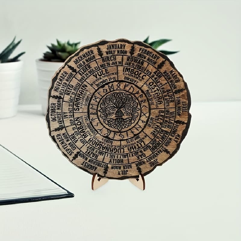 TEMU Handcrafted Wooden Calendar Board - Tree Of Life Mural With & Astrological Symbols - 2025 Table Decor For Altars, Desks, And Home Decor - Artificial Wood, No Batteries Needed, Astrology Decor