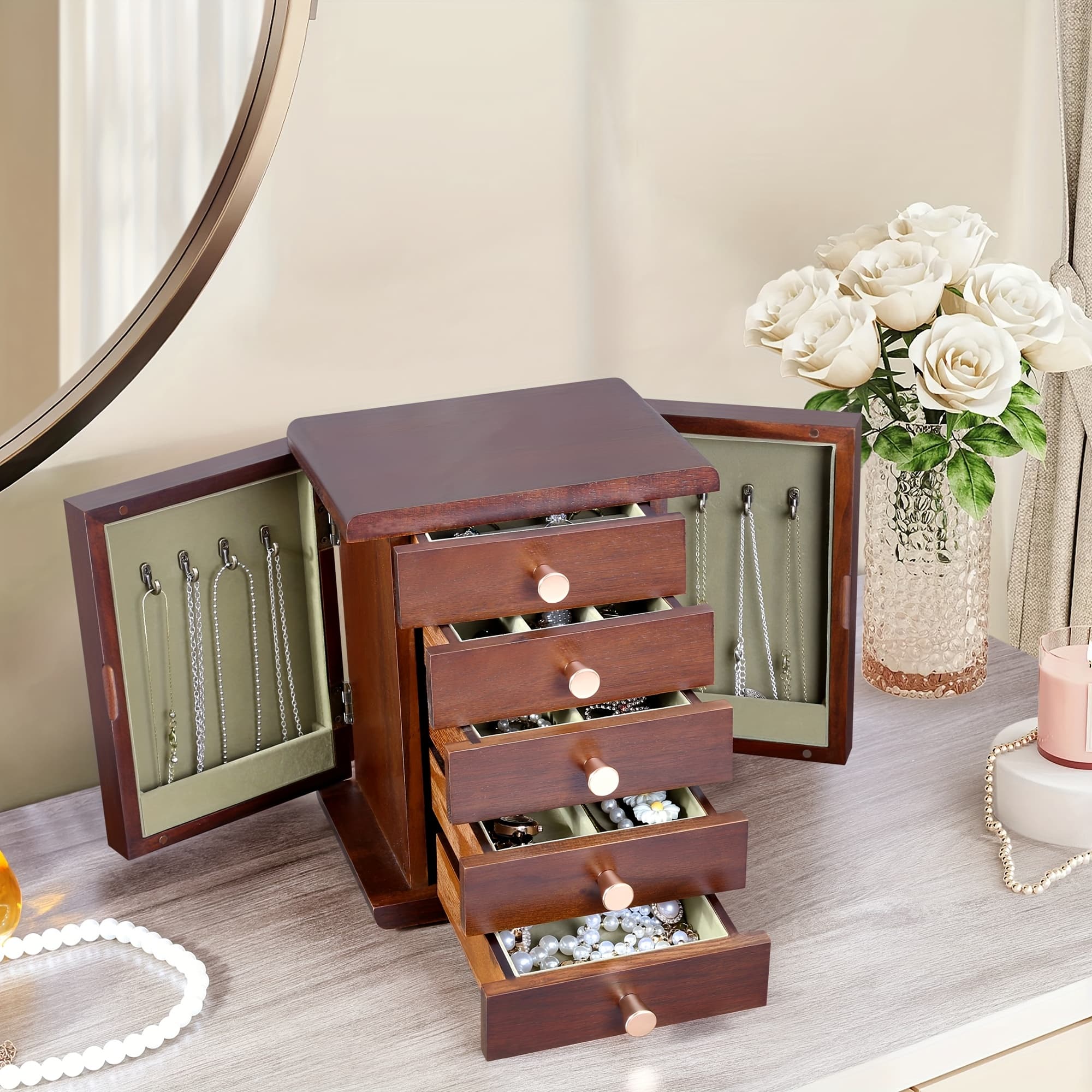 TEMU Ladies' Wooden Jewelry Box With 5 Layers And Side Door, Perfect For Storing Earrings, Necklaces, And Rings, Ideal Christmas And Halloween Gift