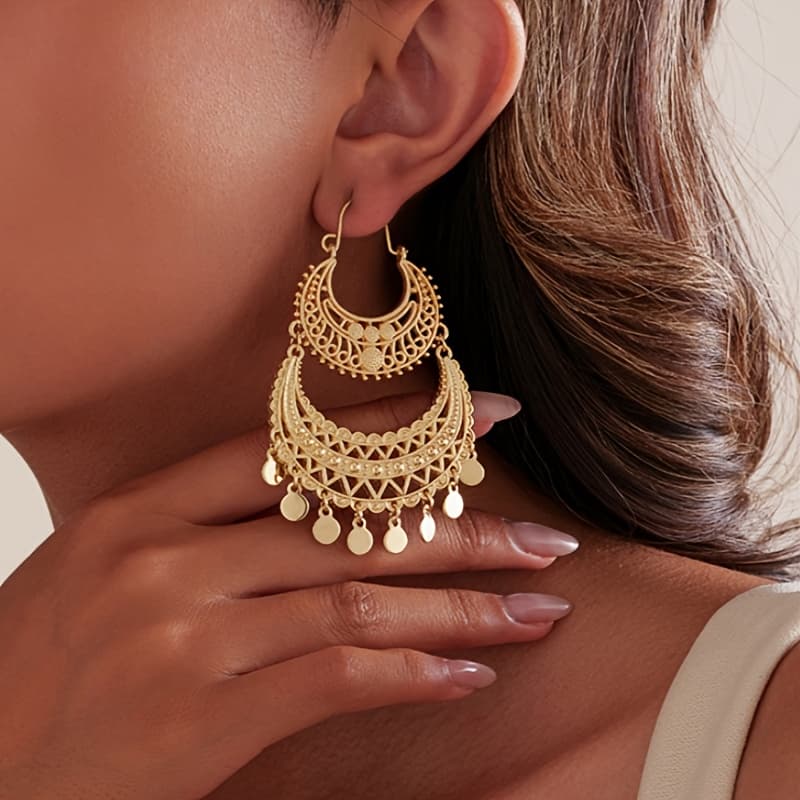 TEMU 1 Pair Of Retro Elegant Bohemian Style Hollow Pattern Tassel Earrings, Unique Ethnic Style, Suitable For Women To Attend Balls, Parties And Vacation Wear