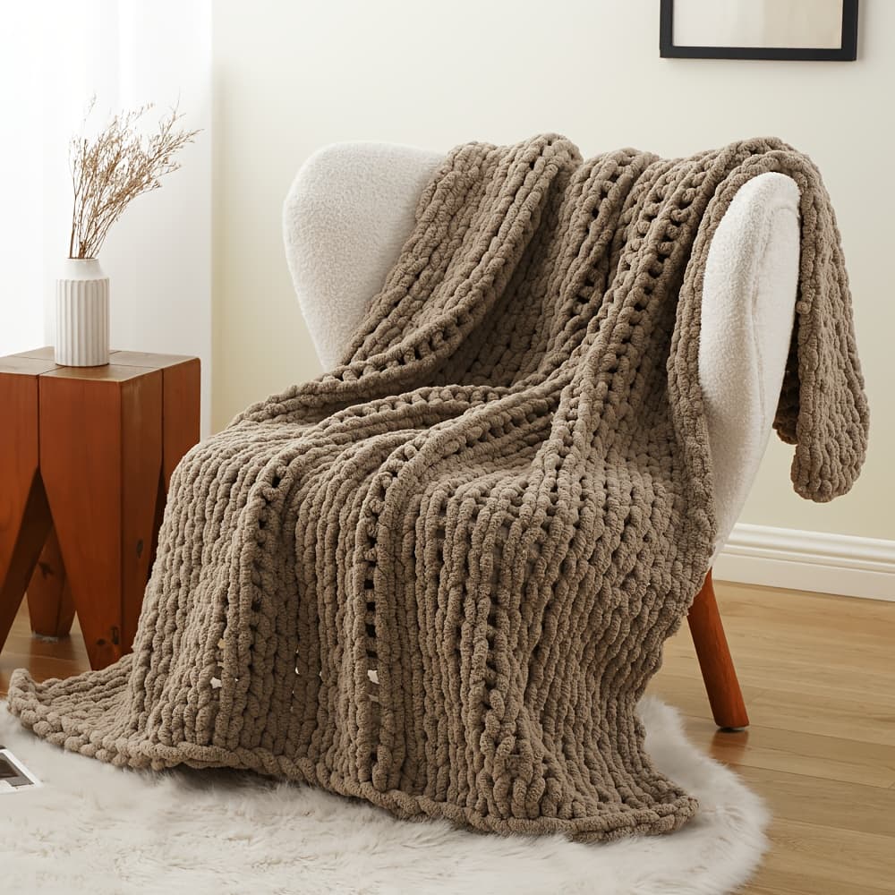 TEMU 50"x60" Chunky Throw Blanket, Soft Chenille Yarn Cable Blankets And Throws Cozy Thick Crochet Blanket For Sofa Bed Couch