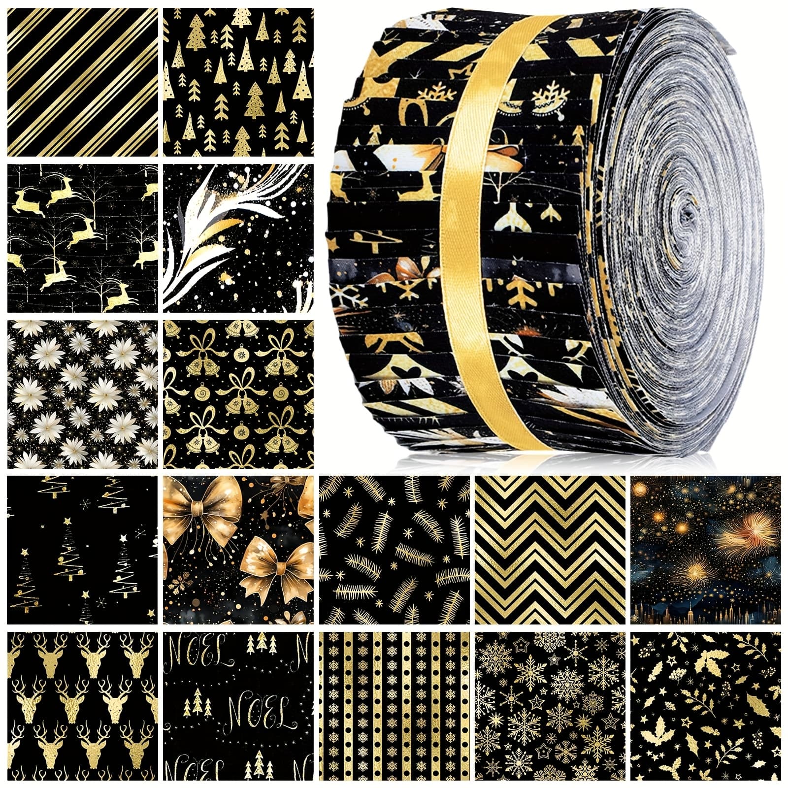 TEMU 40pcs 39.4 Inches Long Black And Golden Christmas Jelly Fabric For Quilting Roll Squares Black Golden Quilting Strips 2.55 Inch Precut Roll For Xmas Holiday Craft Sewing