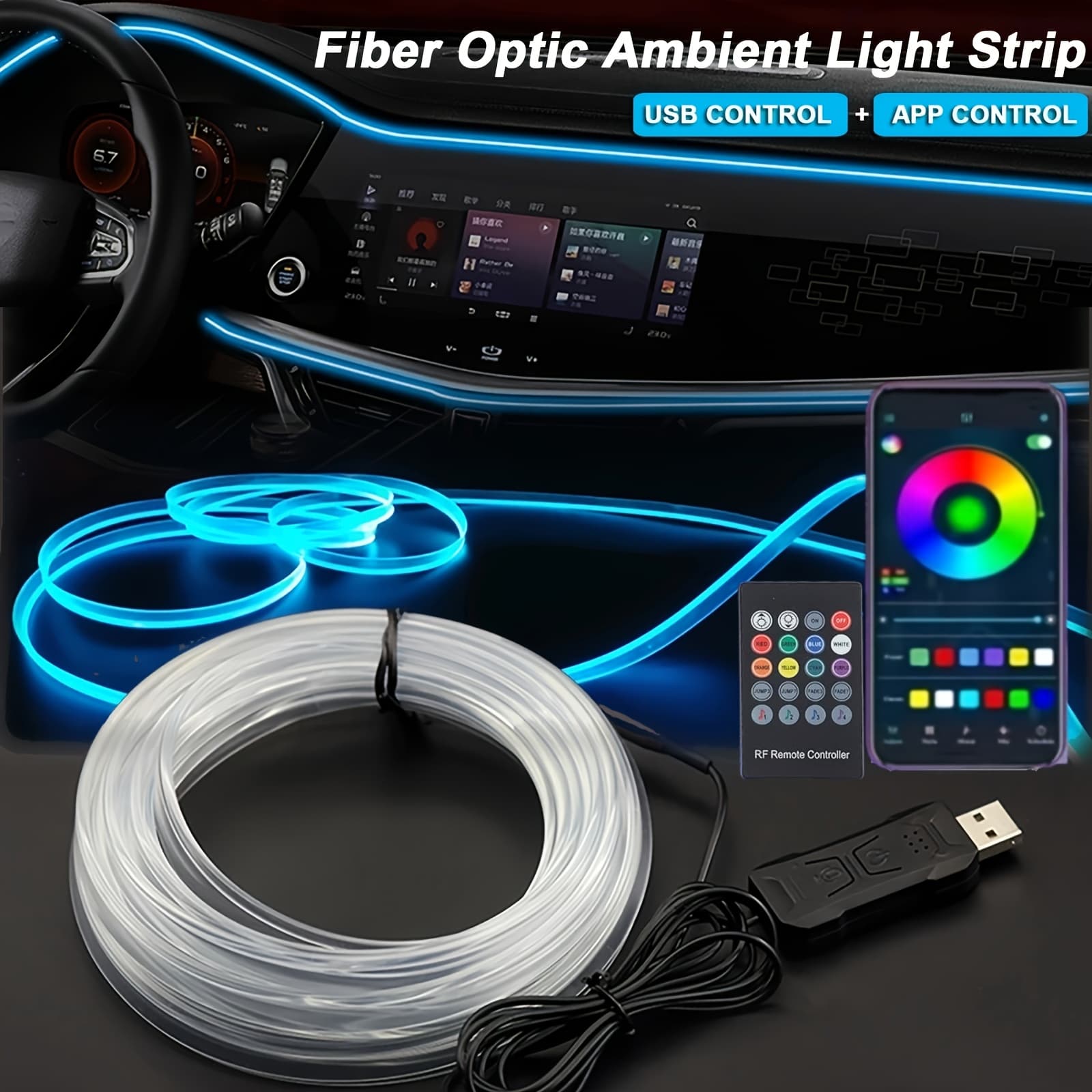 TEMU 7-color Automotive Interior Light With App Control And Music Sync Rhythm Ambient Lighting Kit For Doors, Console And Dashboard
