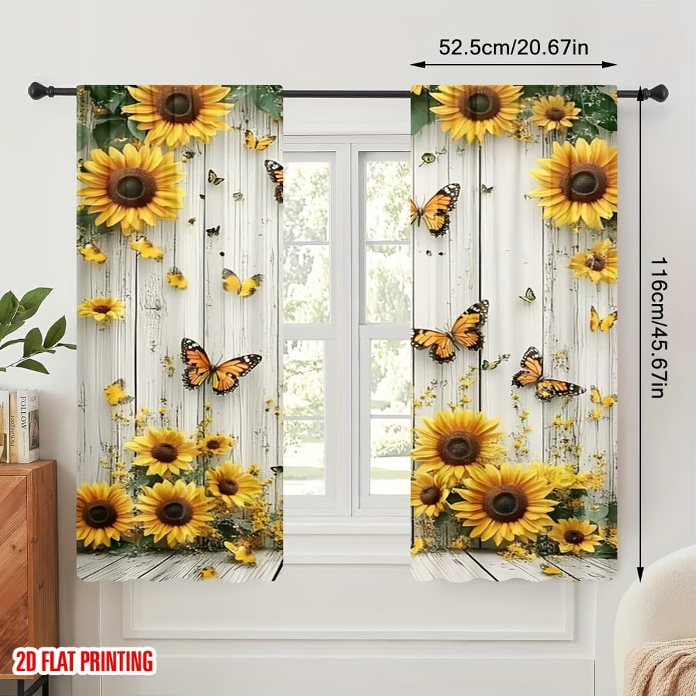 TEMU 2pcs 2d Flat Printing Window Drapes Butterflies And Sunflowers 100% Polyester,without Electricity Wall Decor Applies To Festive Atmosphere