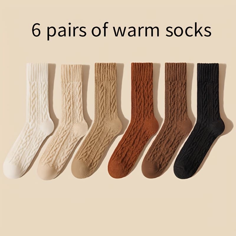 TEMU 6 Pairs Of Winter Plush Thick Midsole Women's Warm And Thermal Storage Comfortable Soft Diamond Coffee Casual Outdoor Socks