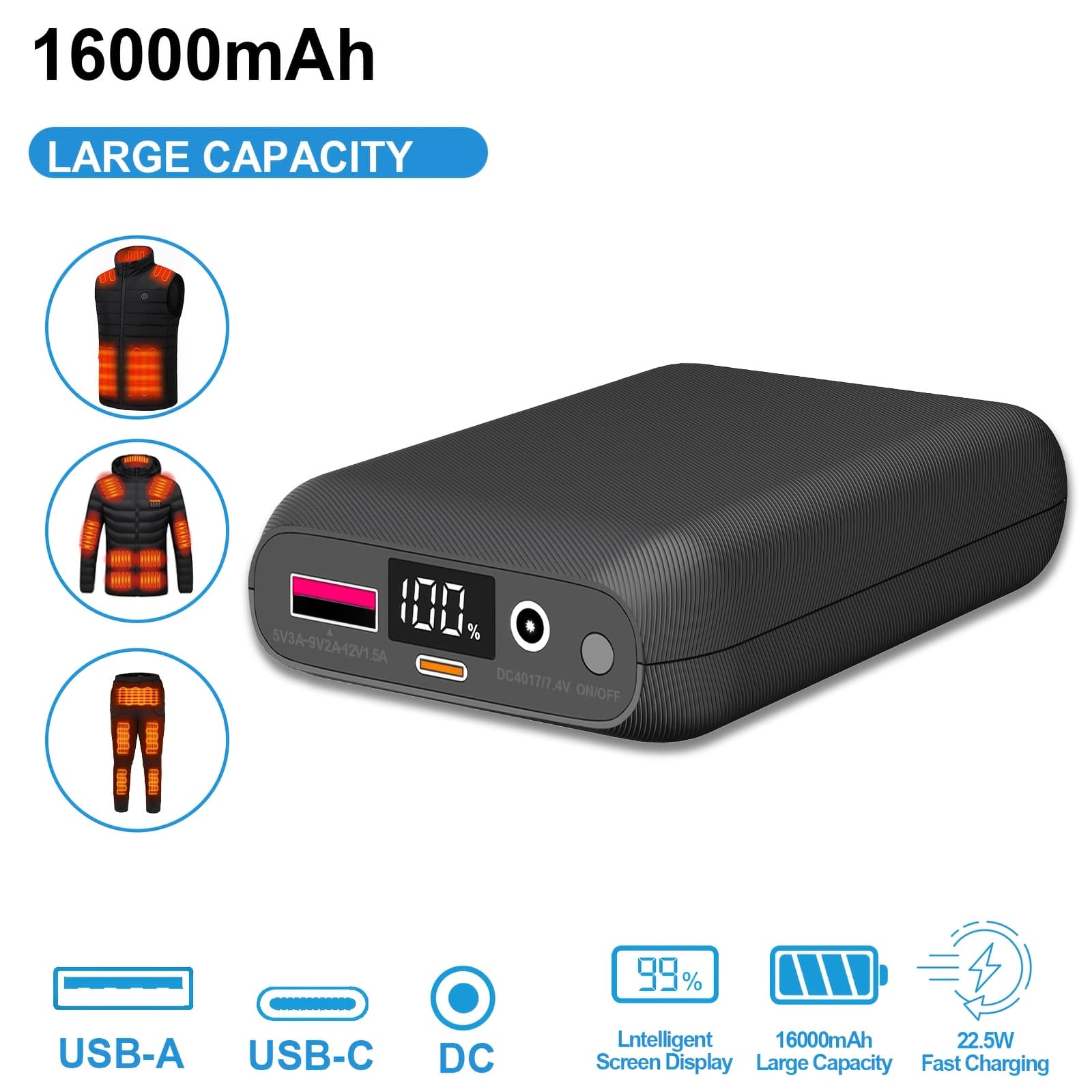 TEMU 16000mah Battery Pack For Heated Vest-5v/7.4v Rechargeable Power Bank With Led Display And /usb Output For Heated Jacket, Hoodie And Pants, Fast Charging Powerbank Compatible With Iphone Ipad