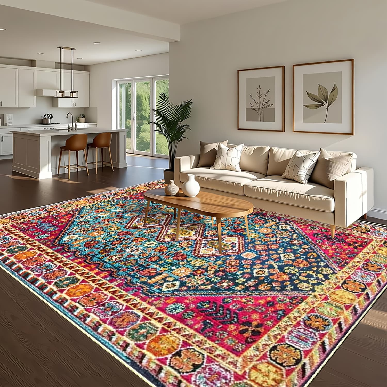 TEMU 'bohemian Style Rose Red Pattern, Center Syetrical Pattern' Machine Washable, Entrance Living Room Bedroom Rug, Outdoor Courtyard Decorative Mat, Home Decor, Room Decor, Area Rug, Tapestry