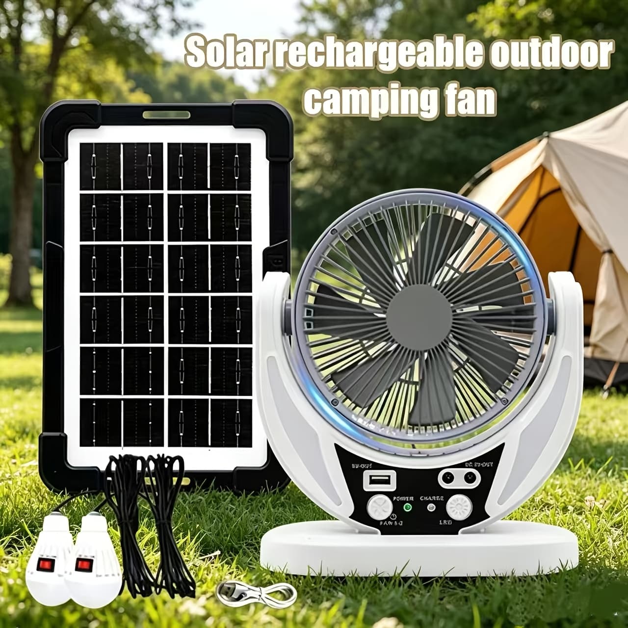 TEMU Multifunctional Camping Fan, Portable Outdoor Fan, Solar Or Usb Charging, Led Emergency Light, Adjustable Wind Speed And Angle, High Wind Speed, Emergency Lightisuitable For Indoor/outdoor