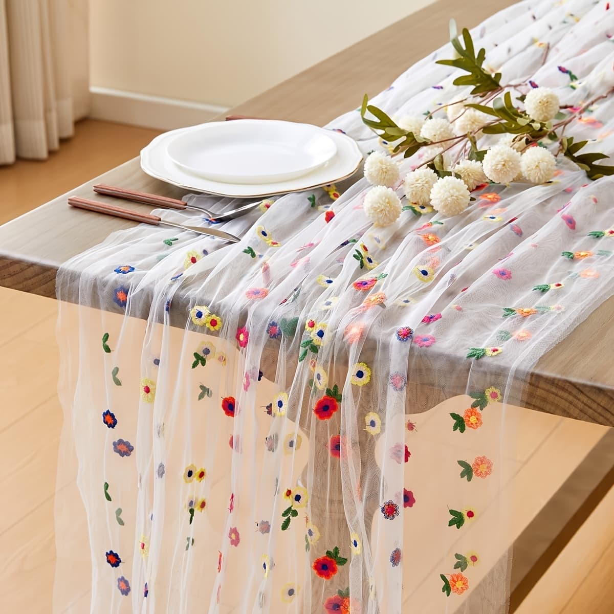 TEMU Embroidered Tulle Tablecloth Daisy Summer Autumn Table Flag 120 Inches 10 Feet Floral Tulle Tablecloth Wedding Party Table Runner Wedding Runner Table Cloth Wedding Table Runner