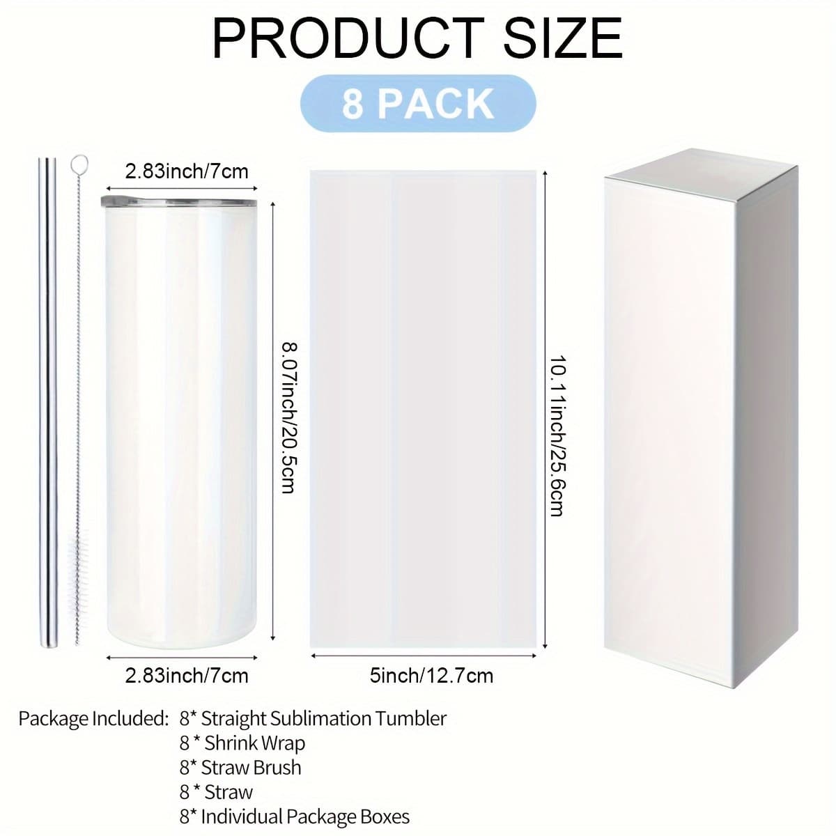 TEMU 4/8/16// Pack Sublimation Tumblers 20oz Water Bottles Skinny Stainless Steel Insulated Straight Tumbler With Lid And Straw, Brush Individual Gift Cups