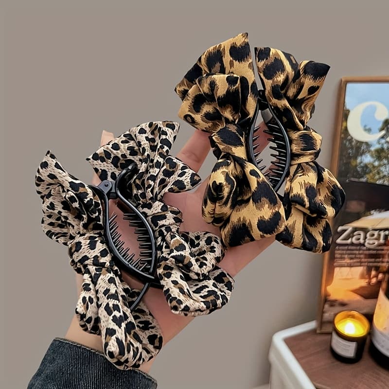 TEMU 2pcs/set Leopard Print Polka Dot Double Bow Hair Claw Clip, Vintage Style Plastic Hair Accessory For For Daily , Festivals, Halloween & More, Festive Hair Additions