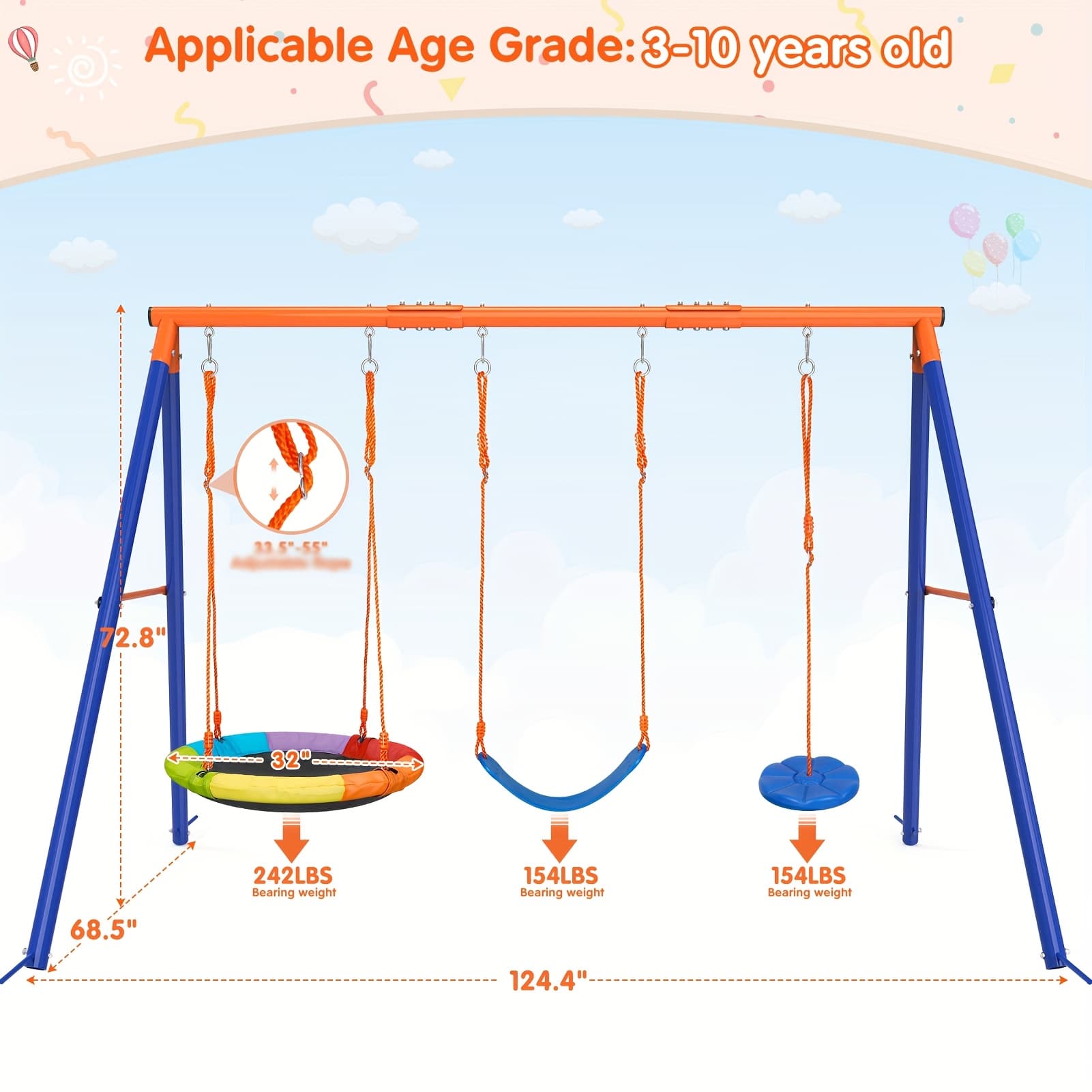 TEMU 3in 1 Kids Large Metal Swing Frame Toys, 550 Lbs Multi-person Outdoor Swing Set With , 32ft Disc Swing And Adjustable Saucer Swing For Family Backyard, Backyard