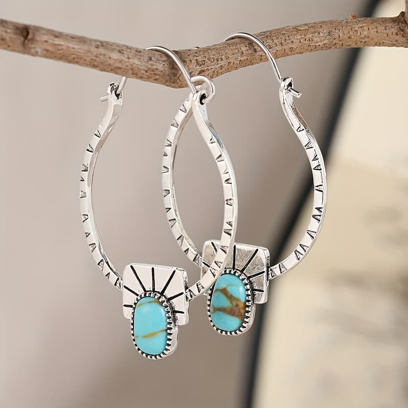 TEMU Boho-chic Turquoise Hoop Earrings - Y Plated, Alloy With Copper Posts For Casual Attire & Gifting, Hoops, Earringshigh-quality Jewelry For Valentine's Day Gifts