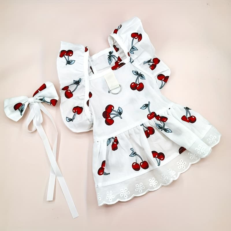 TEMU Fruit Cherry Print Cat Pet Dress Dress Lace Bow Tie Necktie Head Flower